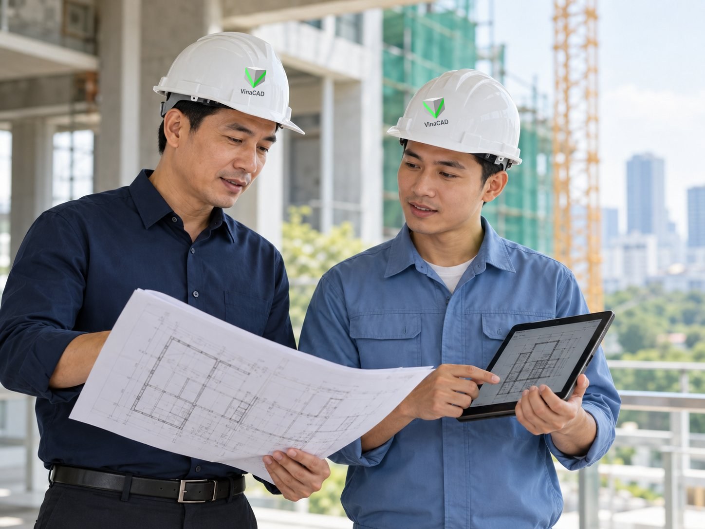 Trưởng phòng và kỹ sư đội mũ bảo hộ VinaCAD đang trao đổi bản vẽ tại công trường